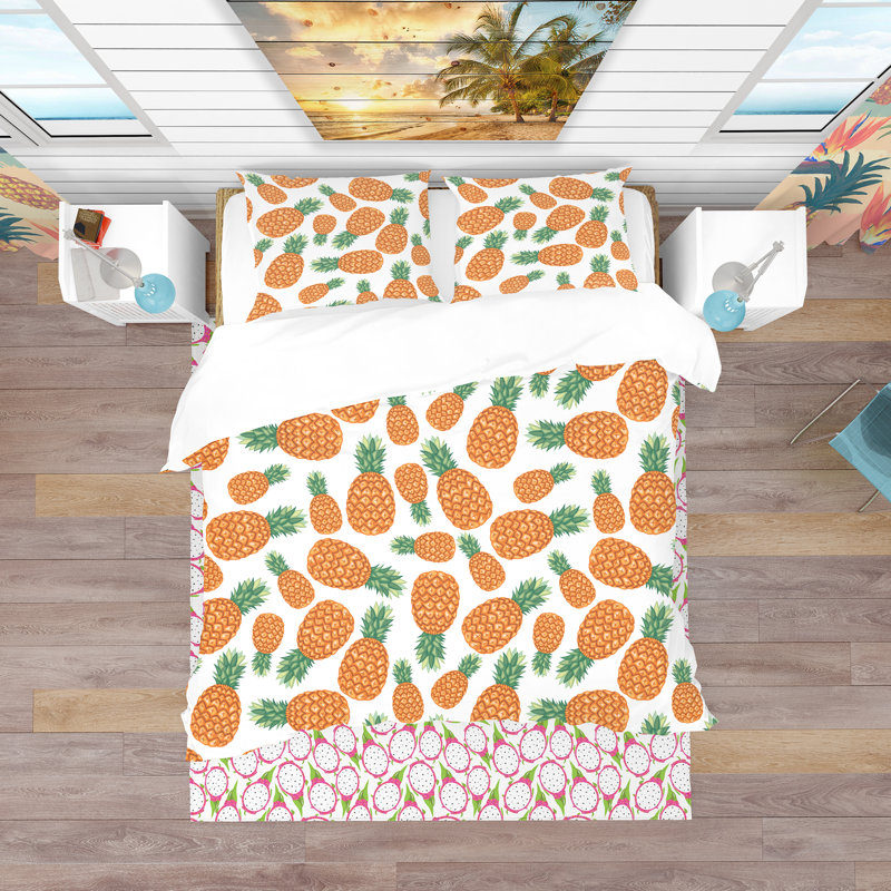 Pineapples Fruit Pattern - Food Tropical Duvet Cover Set - Microfiber Polyester, Full/Queen Duvet Cover + 2 Shams