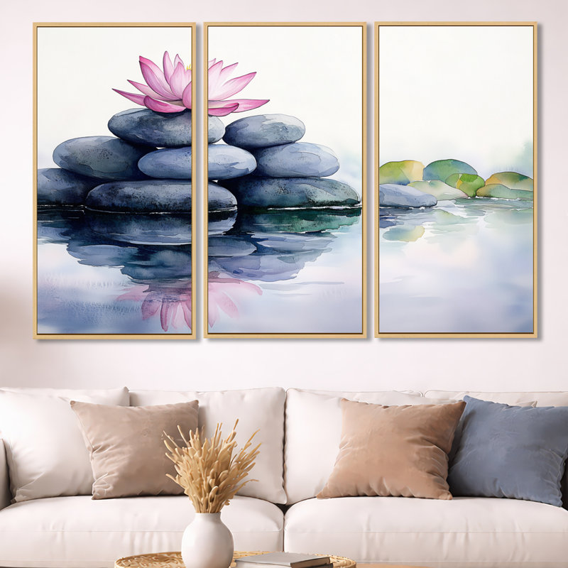 "Lotus Reflection", art mural 3 pièces, H 40 po x l 60 po, Cadre crème crème