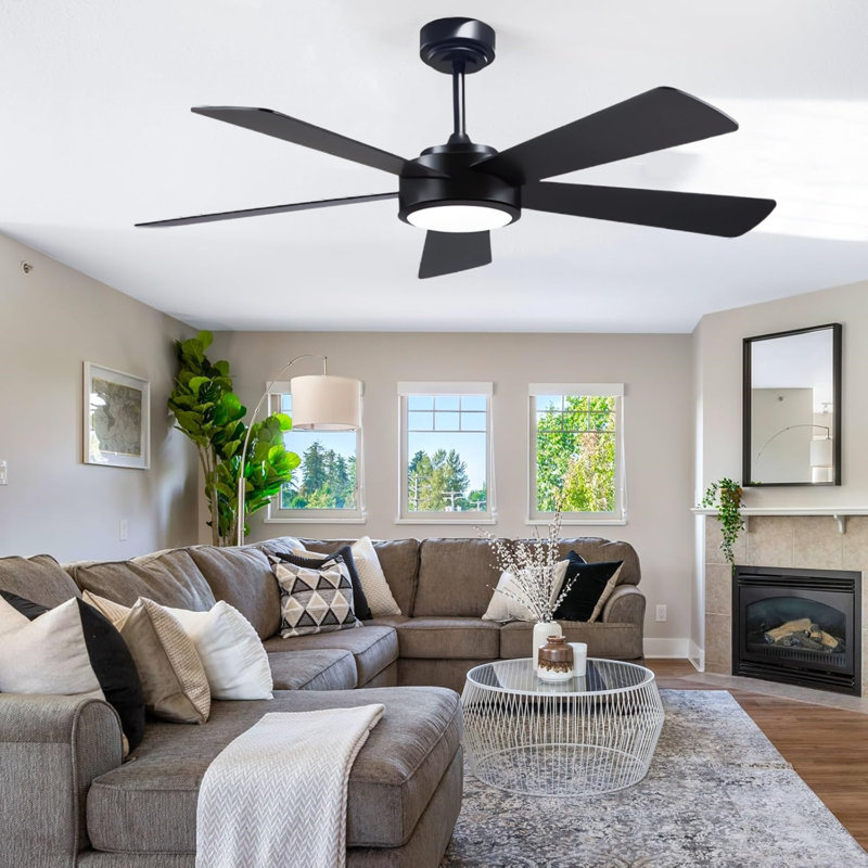 Ventilateurs de plafond modernes à 5 pales de 52 po avec lumières et télécommande, Noir