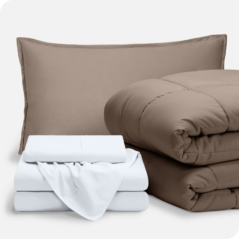 Lit dans un sac en microfibre 1800 de qualité supérieure 1800, Taupe / Blanc, Édredon simple + 4 pièces supplémentaires