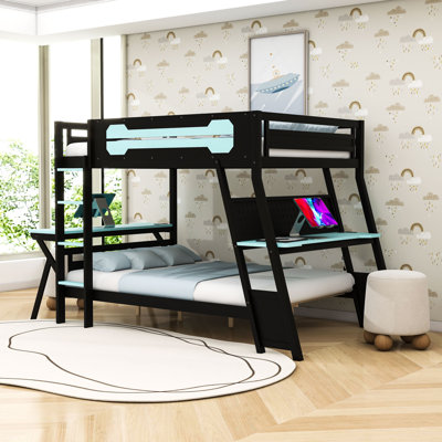 Wooden Bunk Bed With USB Desktop Ports, Desks, Pegboard Organizer And Ladder