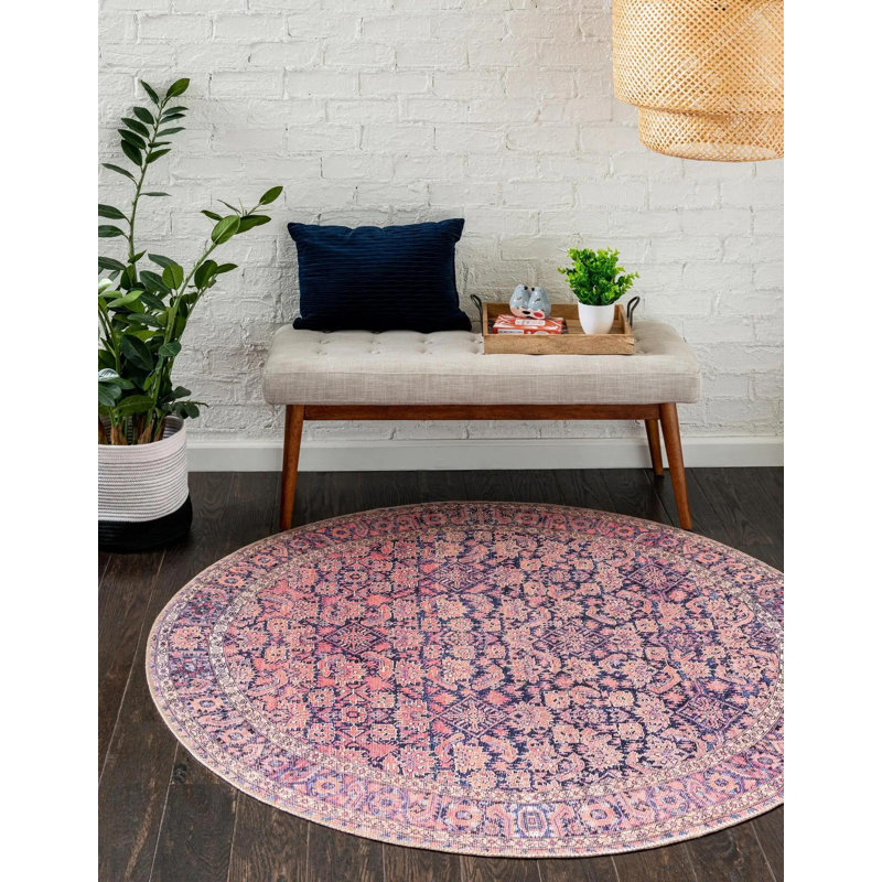 Tapis transitionnel Amilio bleu marine / mauve, Rond 7 pi 7 po