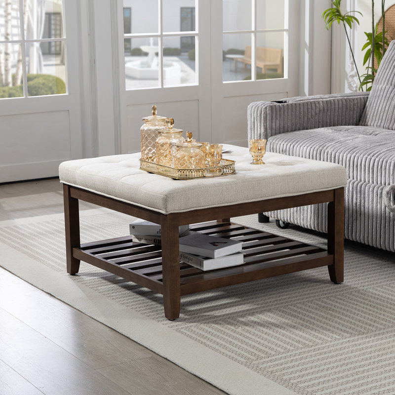 Table basse avec rangement et repose-pieds, tabouret capitonné capitonné, beige