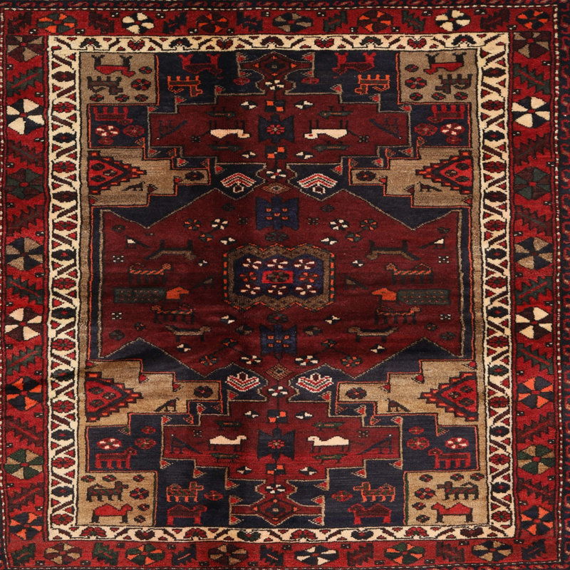 Tapis beige/vert/rouge traditionnel Klos, Carré 3 pi