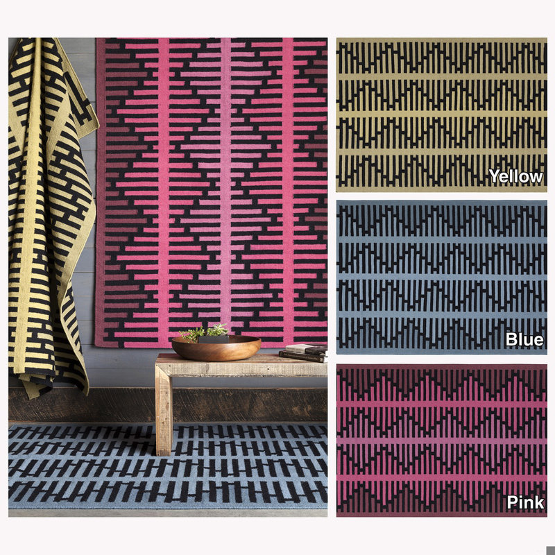 Tapis en laine et coton à motif zigzag réversible vert et noir tissé à la main Chevella, 5 pi x 7 pi