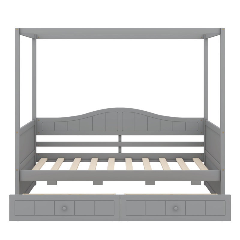 Lit simple avec auvent et deux tiroirs, structure de plateforme en bois avec tête de lit, Gray