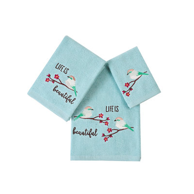 Home Premium Luxury Decor Ultra Soft 100% Cotton Towels Woven Embroidered Bathroom Modern 3 Piece Bath hand Towel Set, Bird with Teal Base Pattern