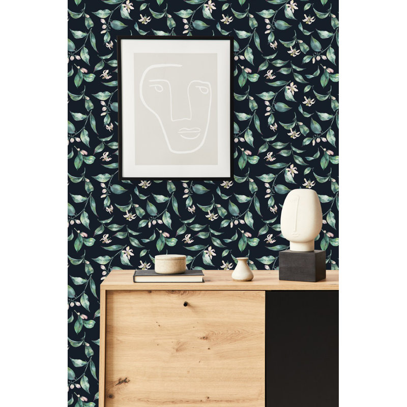 Panneau de papier peint noir L 10,4 pi x l 25 po Green Leaves