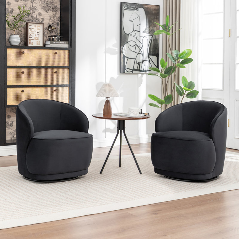 Fauteuil demi-tonneau pivotant en velours Stith, Velours noir