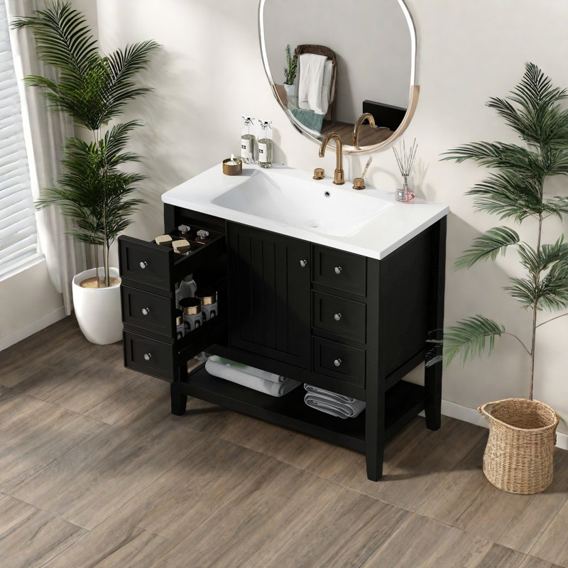 Meuble-lavabo de salle de bain avec lavabo en céramique - meuble-lavabo en bois aggloméré avec tiroirs fonctionnels, armoire fermée, tablette ouverte, finition peinte