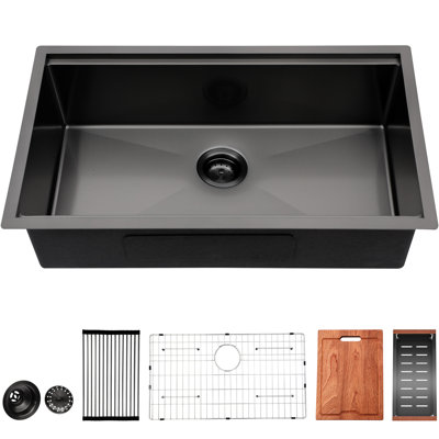 Évier de cuisine encastré noir de style industriel 33 po, calibre 16 T304, avec des pinces à paquet et une grille de vaisselle en acier inoxydable T304 de 33 po, égouttoir en X, support de séchage