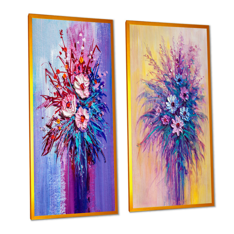 «White and Purple Flower Vase II», ensemble de 2 peintures sur toiles, H 40 po x l 40 po x P 1 po, Cadre photo doré