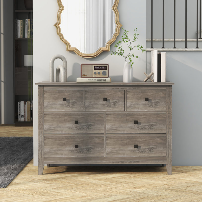 47.24" W 7-Drawer Gray Storage Dresser, Weathered Oak Engineered Wood with Metal Handles, Gray