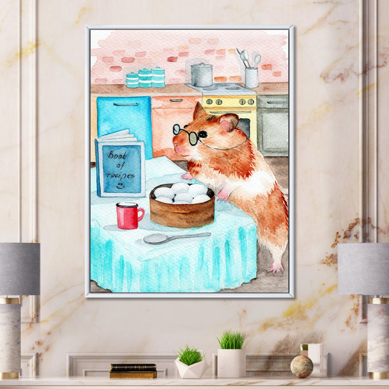 Drôle de petit hamster ayant le déjeuner - reproduction sur toile, H 32 po x l 24 po, Toile à cadre flottant blanc