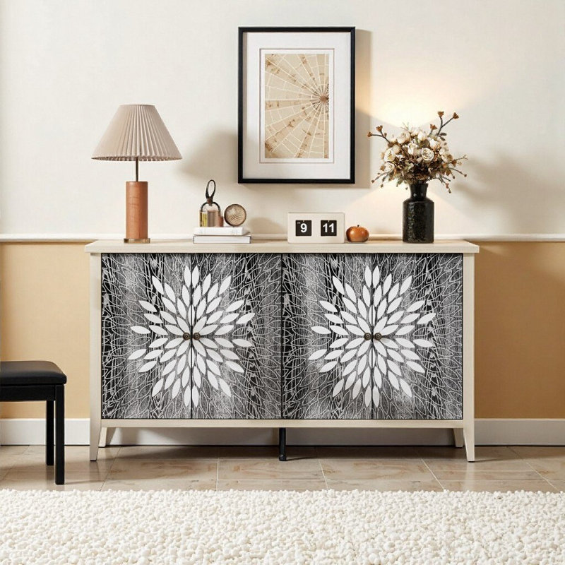 Modern 58-inch Sideboard Buffet Cabinet with 4 Doors & Adjustable Shelves, Black/Natural Wood Grain Storage for Living Room, Dining & Entryway
