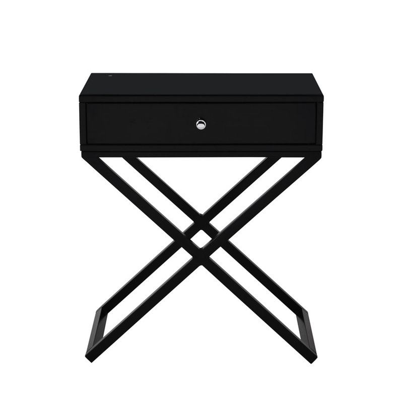 Table d'appoint noire avec plateau en verre de 23 po, base en métal, table de chevet en bois et compartiment secret