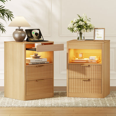 Modern Nightstand with 2-Drawers & Open Shelf, LED Nightstand with Built-in Charging Station,Suitable for Bedroom