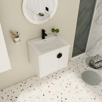 Bathroom Sink Vanity - 24 Inch Wall Mounted, For Small Bathrooms, Soft-Close Doors, Metal Handles With Ceramic & Smooth Surface Elegant Bathrooms