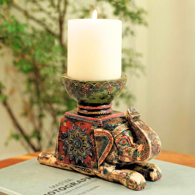 Large Handcrafted Painted Wood Indian Elephant Statue Candle Holder