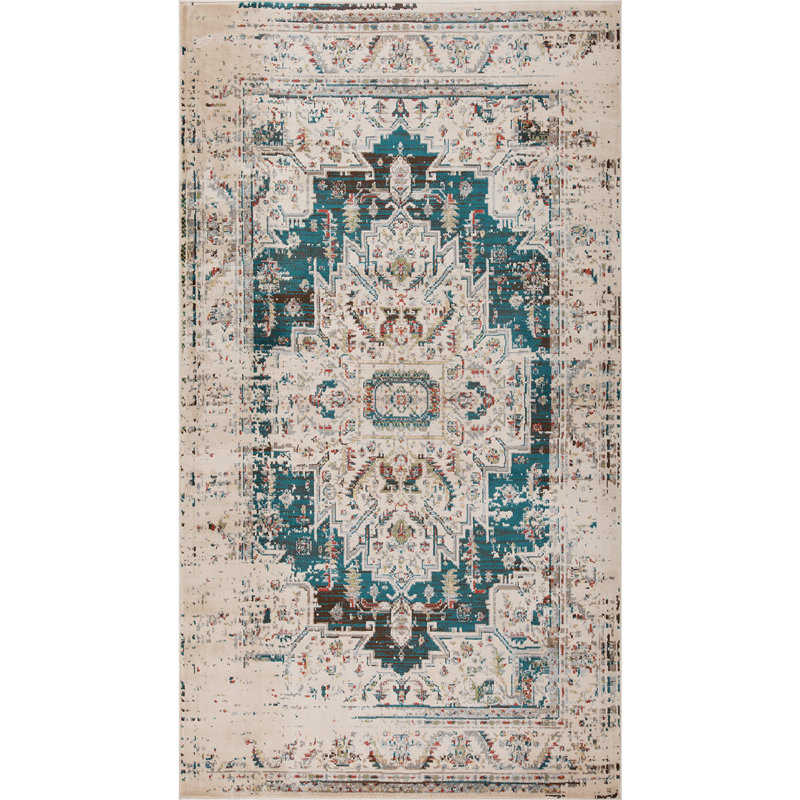 Tapis intérieur en polypropylène Diantha Medallion, Rectangle de 5 pi x 8 pi, Sarcelle