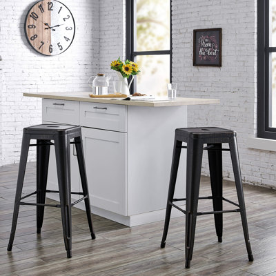 Backless Modern Light Weight Industrial Contemporary Rustic Vintage Costal Metal Bar Stools Without Back And 4 Leg Design (Set Of 2) (30" Seat, Distressed Black)