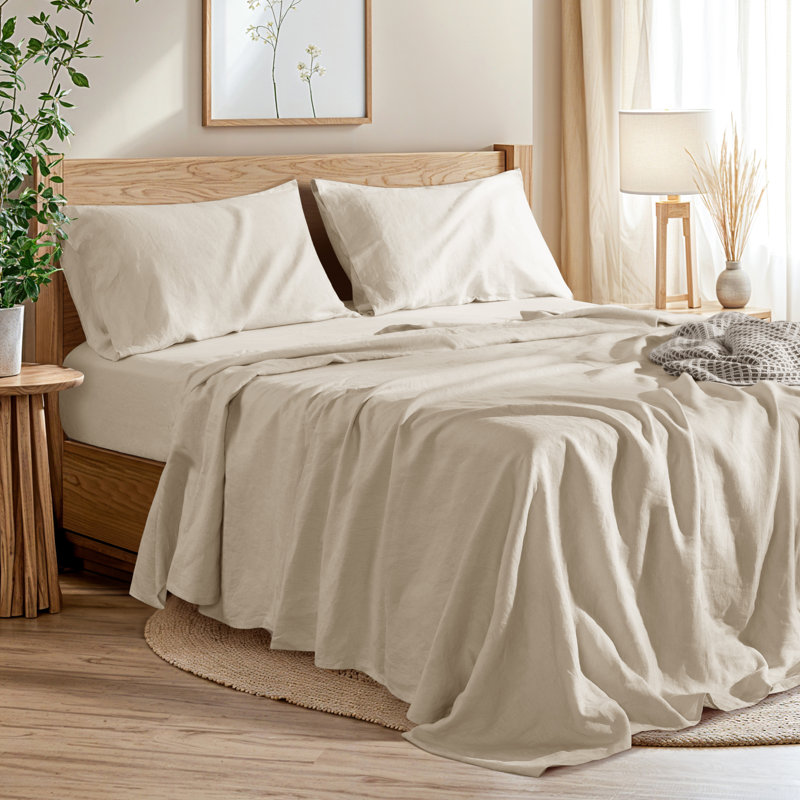 Queen Size Linen Cotton Blend Percale Sheet Set in Light Beige