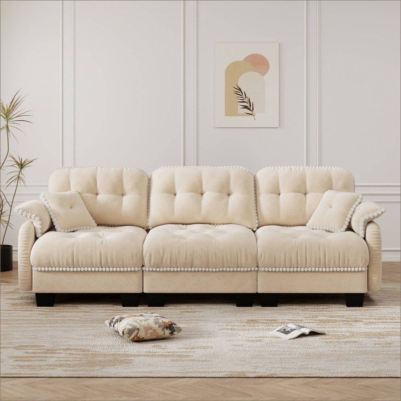 Canapé modulaire en chenille nuage, siège profond capitonné avec garniture pompon et 4 coussins décoratifs, Beige