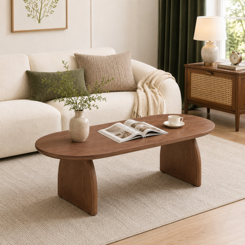 47" Oval Coffee Table, Modern Solid Wood Veneer Center Table, Walnut