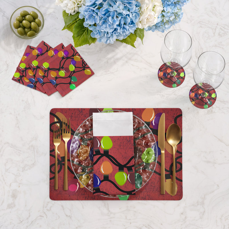 Xmas Tangle Black Vegan Leather Round Coasters, Red