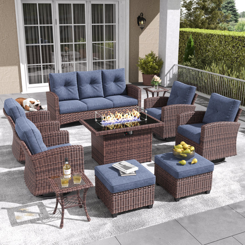 Lark Manor™ 10 Pieces Patio Furniture Set with Swivel Chairs, Rattan Wicker Rocking Glide Chairs with 44" Propane Gas Fire Pit Table Conversation Set
