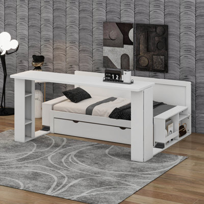 Lit de jour extensible avec bureau amovible et table d'appoint hydraulique, canapé multifonctionnel 4-en-1 Be