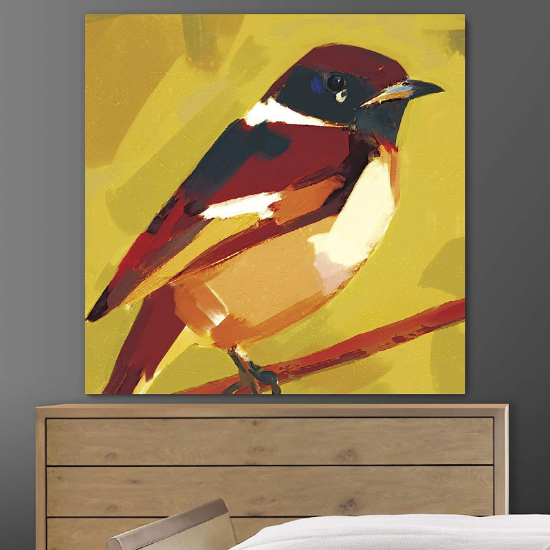Mignon chardonneret brun, rouge et orange perché sur une branche sur fond jaune sur toile, H 16 po x l 16 po x P 1,5 po
