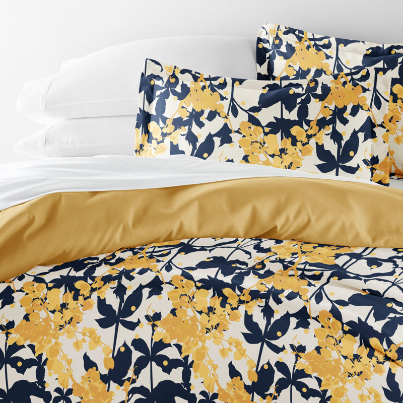 Yellow and Navy Boho Flower Reversible Full/Queen Duvet Cover Set