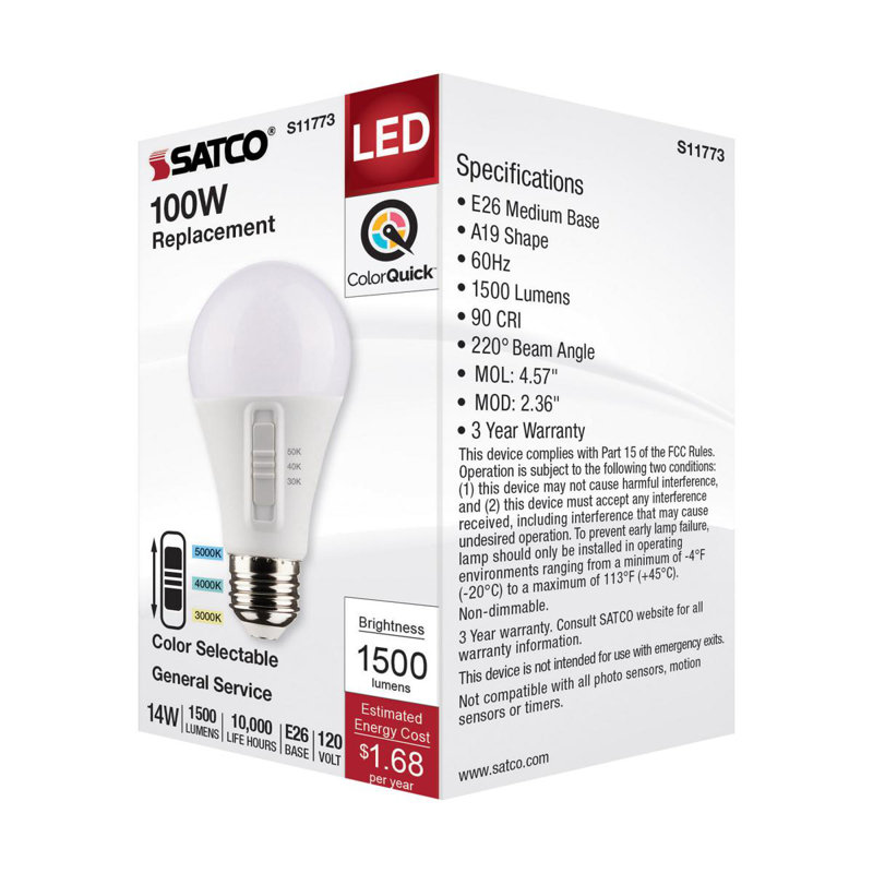 12 Watt (75 Watt Equivalent), A19 LED, Non-Dimmable Light Bulb, Selectable CCT E26/Medium (Standard) Base, 14 W