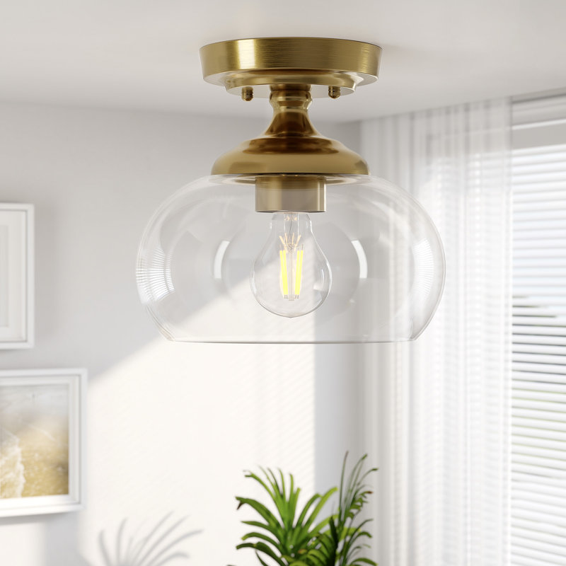 Semi Flush Mount Ceiling Light with Glass Shade, Gold