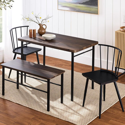 4-Piece Farmhouse Dining Table Set W/ 2 Bla...