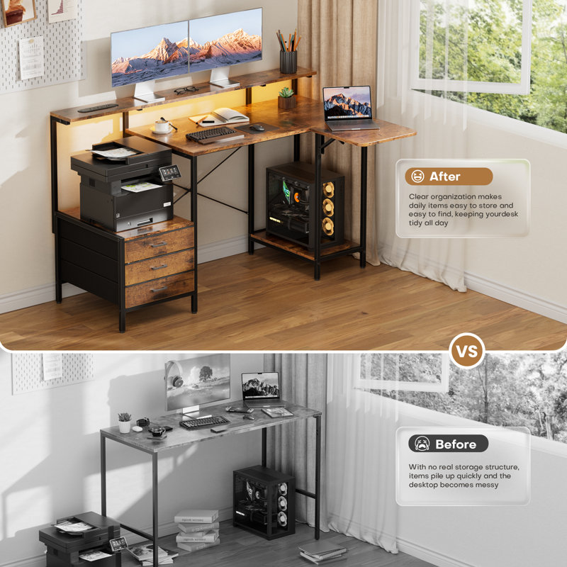 L-Shaped Steel Computer Desk with Built-In Electrical Outlet, Brown/Black