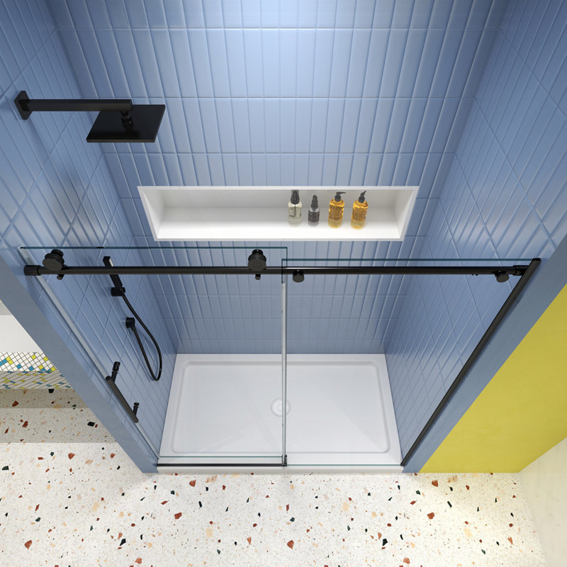 Porte de douche en verre, porte coulissante, système de fermeture en douceur, avec verre trempé de 5/16 po et finition noir mat