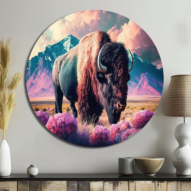 Buffle avec paysage - animaux, art rond en métal, H 16 po x l 16 po