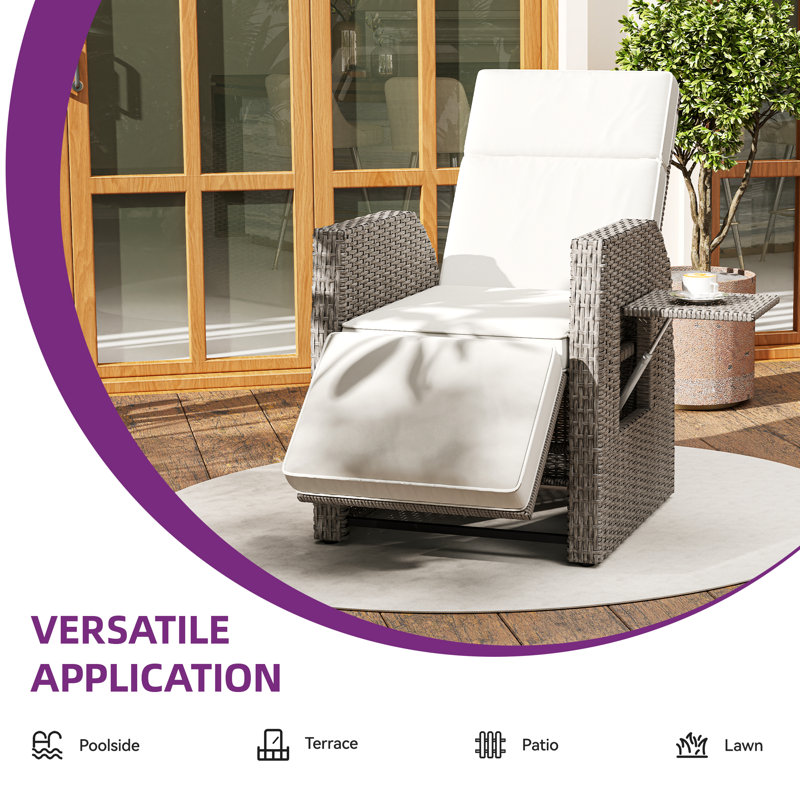 Outdoor Recliner Chair, Patio Wicker Lounge Chair With Adjustable Angle, Flip Table, Thick Cushions For Deck Backyard Pool Side