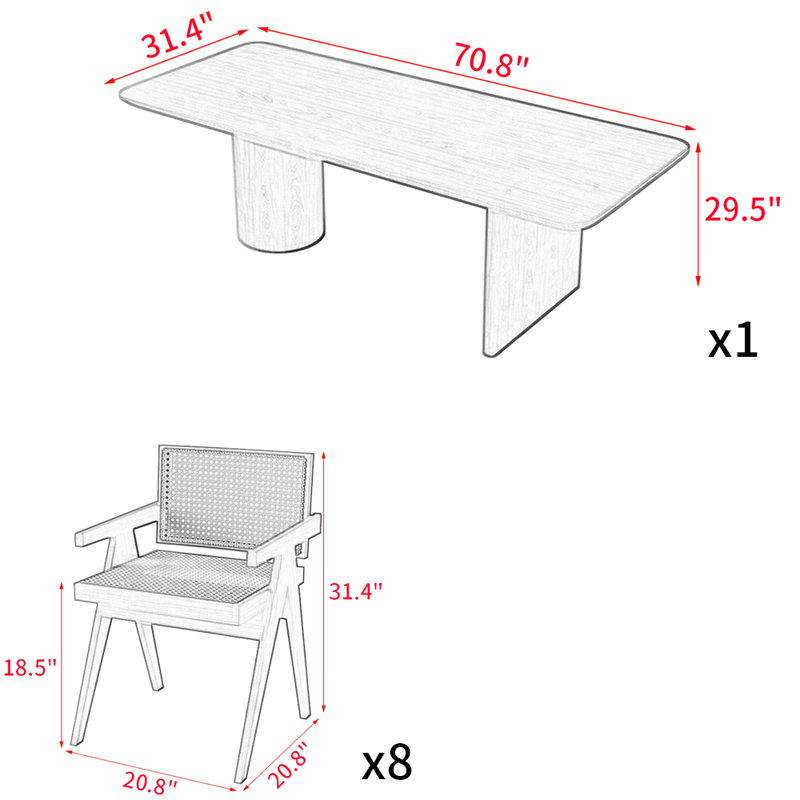Japanese solid wood rectangular dining table set, 29.5"H x 70.8"L x 31.4"W
