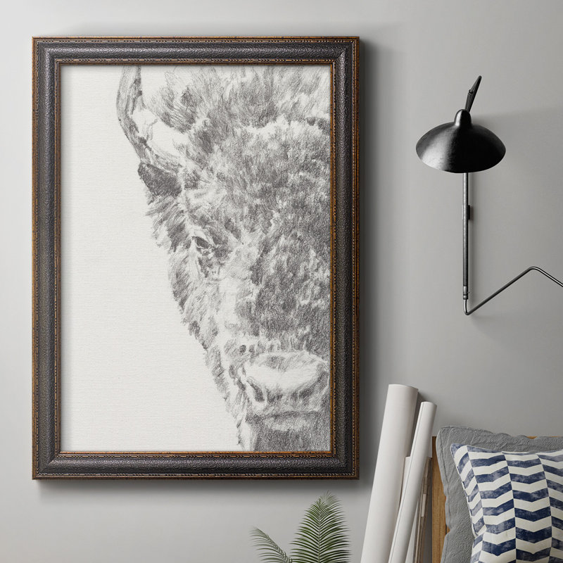 Graphite Bison Portrait I - reproduction d'art sur toile encadrée, H 27 po x l 18 po x P 2,5 po