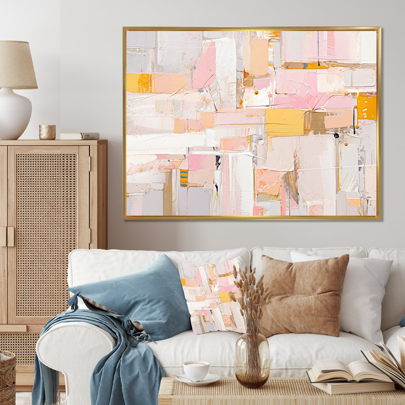 Art abstrait sur toile rose et or abstrait, H 16 po x l 32 po x P 1 po, Cadre flottant doré
