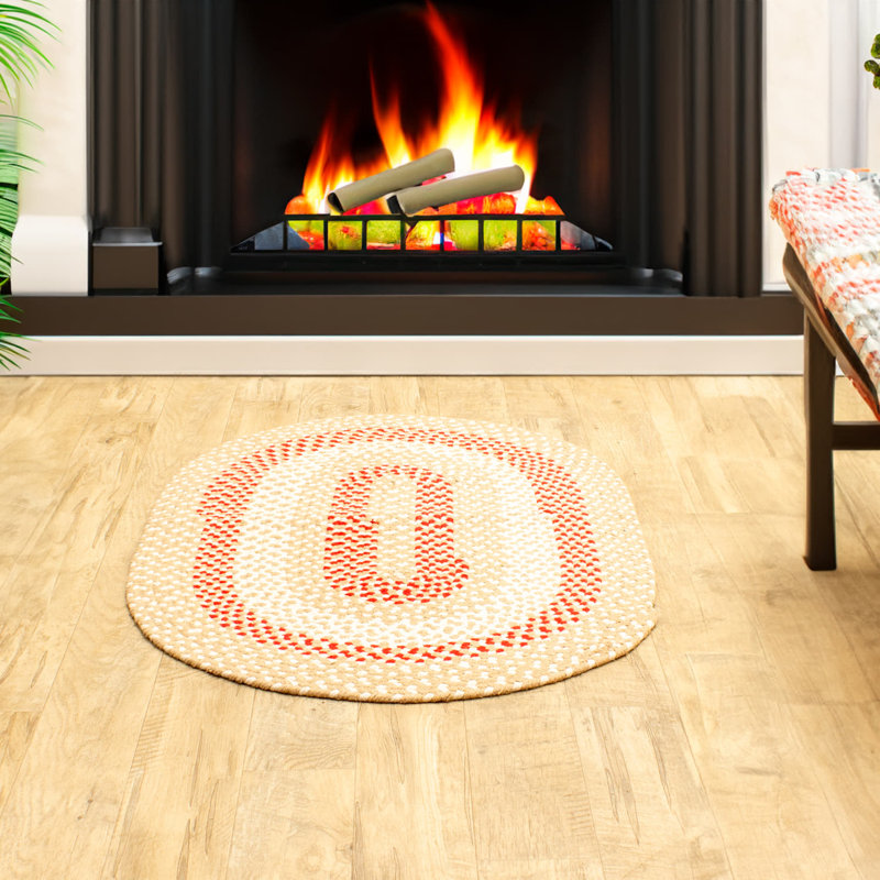Farmhouse Braided Cotton Beige / Red Area Rug, Oval 2' x 3'