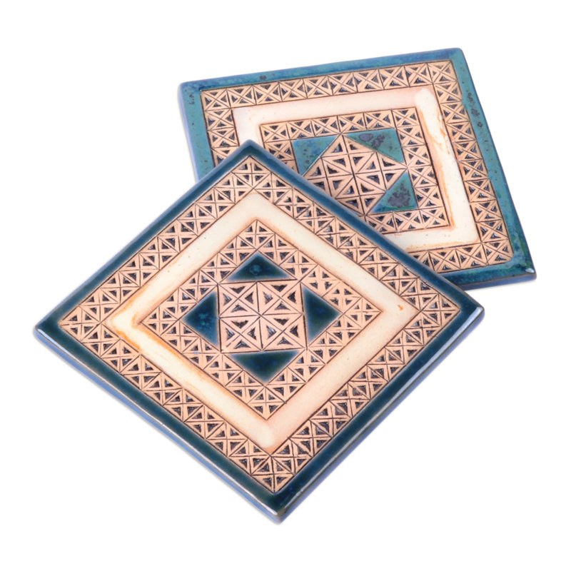 Sous-verre en céramique bleu / beige fait à la main Cosmopolis