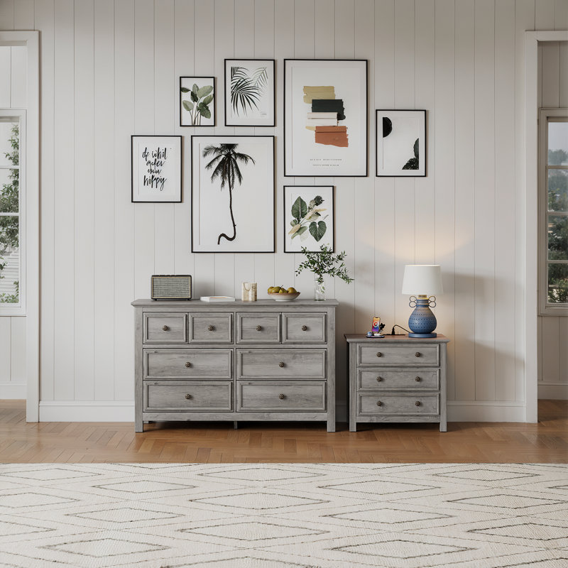 2 Piece Bedroom Dresser Set - 8 Drawer Dresser And 26.7''W 3-Drawer Nightstand With Charging Station,Gray Wash