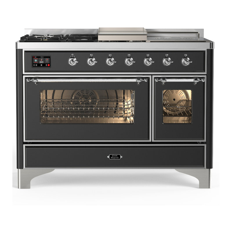 Majestic III Series 48 Inch Dual Fuel Range with 5 Sealed Burners, Griddle, Frenchtop in Glossy Black (Natural Gas, Burnished Trim)