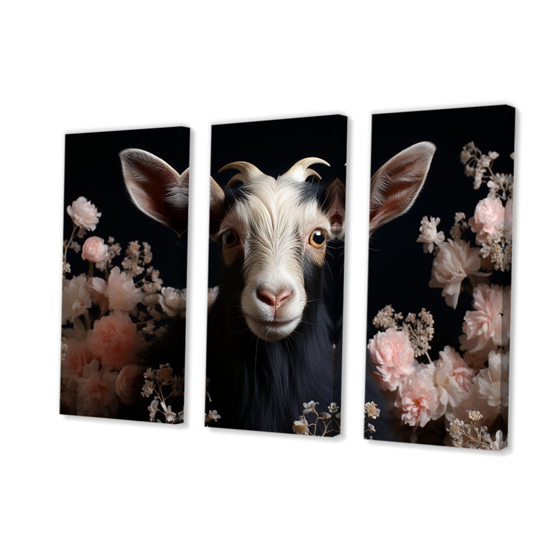 Portrait de chèvre blanc et rose - art mural animal de chèvre, Toile tendue, H 28 po x l 36 po
