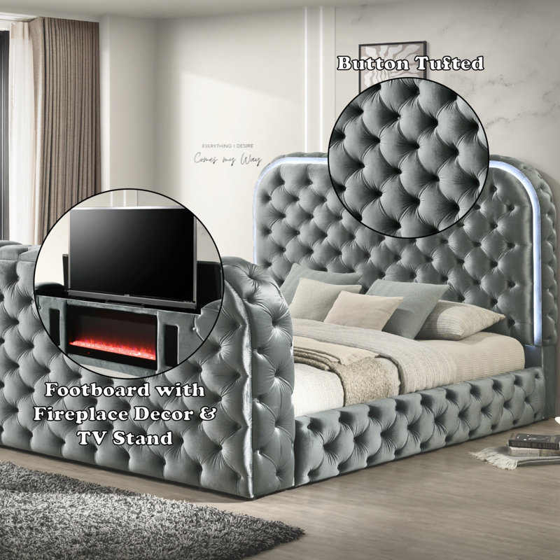 Très grand lit en velours gris avec foyer, meuble télé et meuble télé gris, Très grand lit, Gray