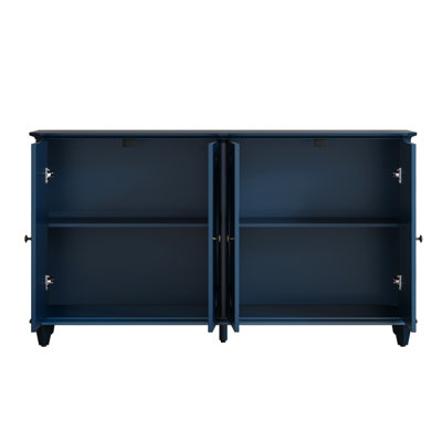 Buffet/meuble console de style ferme vintage, 160 cm L x 35,5 cm P x 91 cm H, en bois massif et MDF, une pièce, bleu, avec portes à panneaux incurvés, étagères réglables et charnières à fermeture douce.